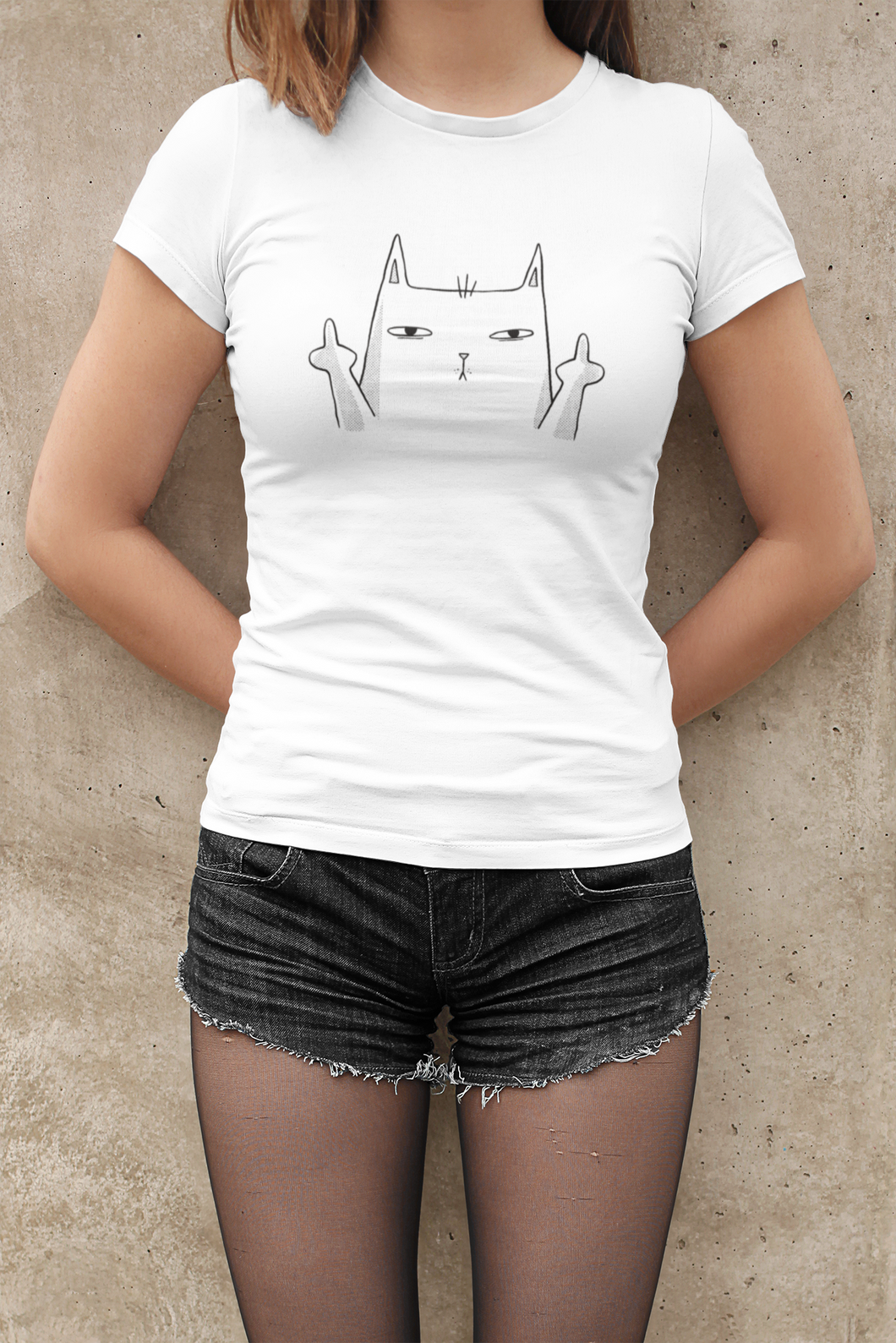 Damen  T-Shirt - Katze Stinkefinger- Rockabilly Rockn Roll Frau weiß kurzarm rundhals baumwolle italien Cat