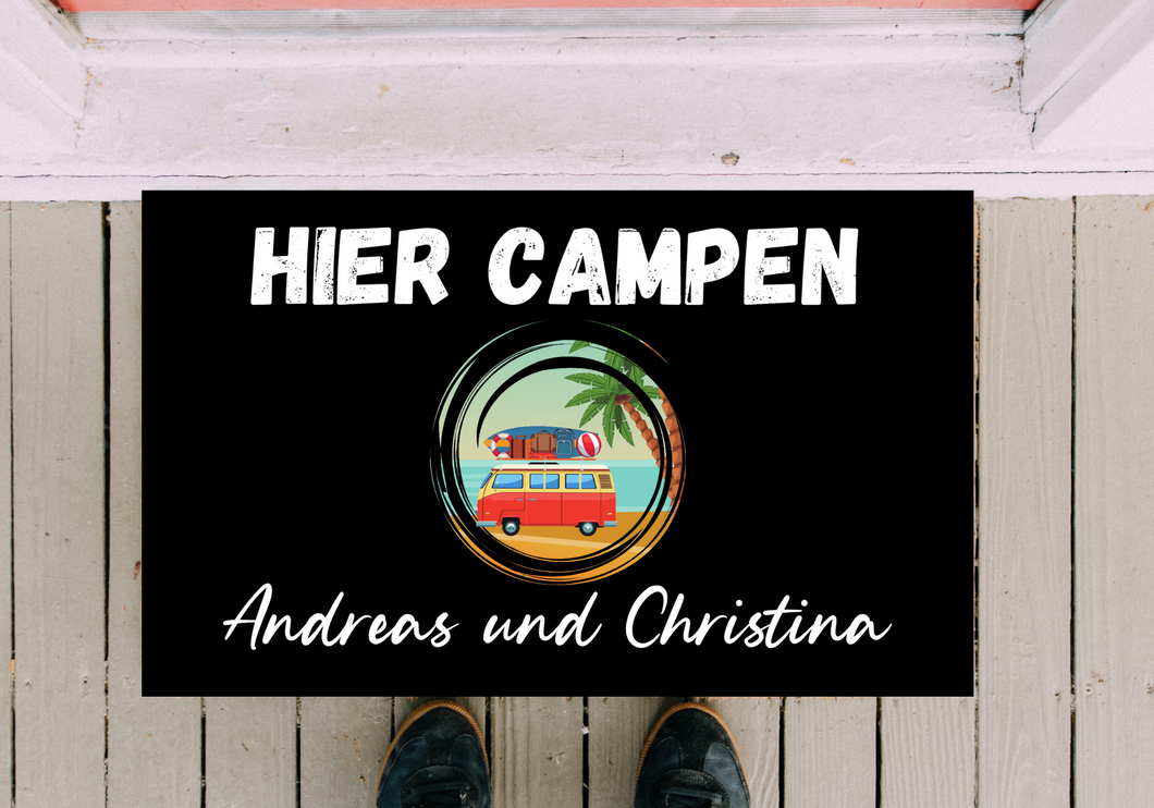 Fußmatte Camping Van Wohnmobil Life hier campt personalisierbar mit Wunschname Holz Herz Text