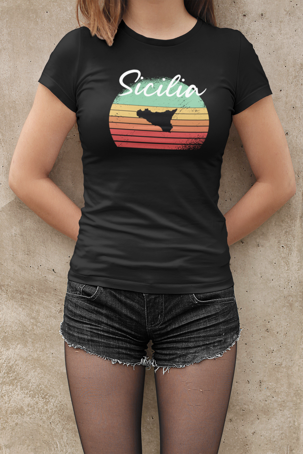 Damen  T-Shirt - Sicilia Retro Sunset - schwarz kurzarm Rundhals Bio Baumwolle italien Sizilien